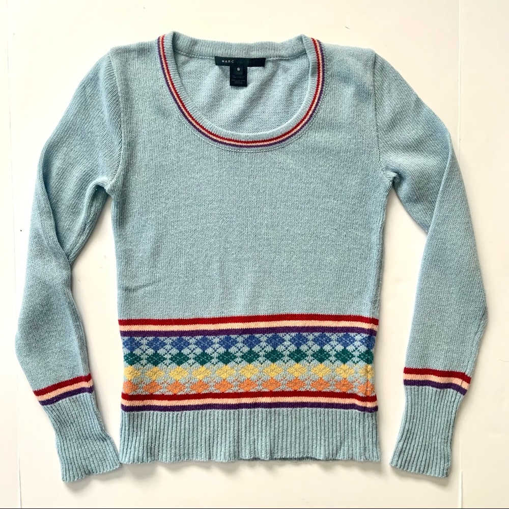 Vtg Marc Jacobs Sweater Lambswool Rainbow Argyle Blue Long Sleeve Women Small